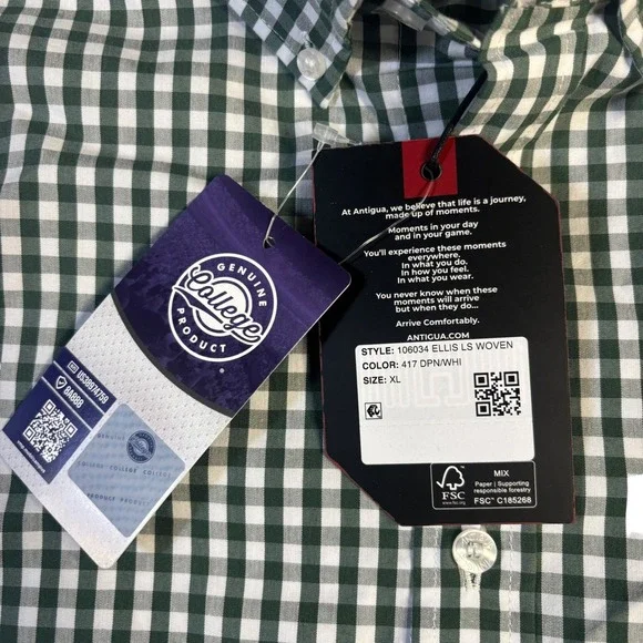 Antigua Oregon Ducks Men XL Ellis LS Woven Gingham Button Down Shirt Green White - Picture 7 of 11